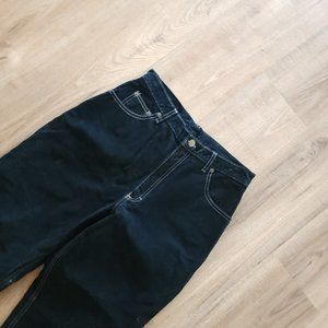 Black suede straight leg pants, high rise.